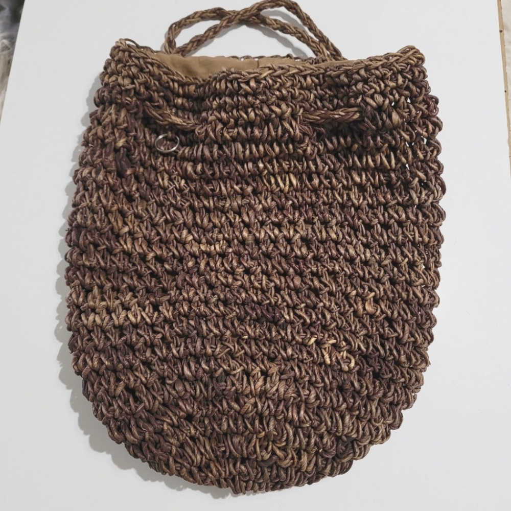 Vintage Y2K Woven‎ Brown Backpack Handbag Purse Beach Travel Bag Tropical
